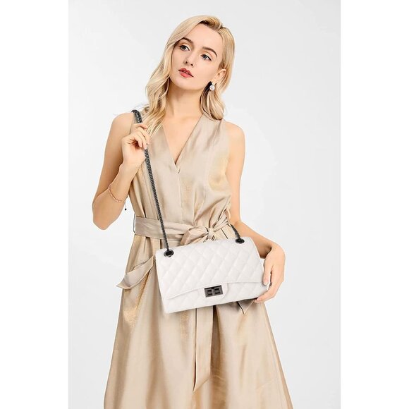 Women White-i PU Quilted Stylish Crossbody Bag with Chain Strap & Flap Closure - Picture 2 of 6